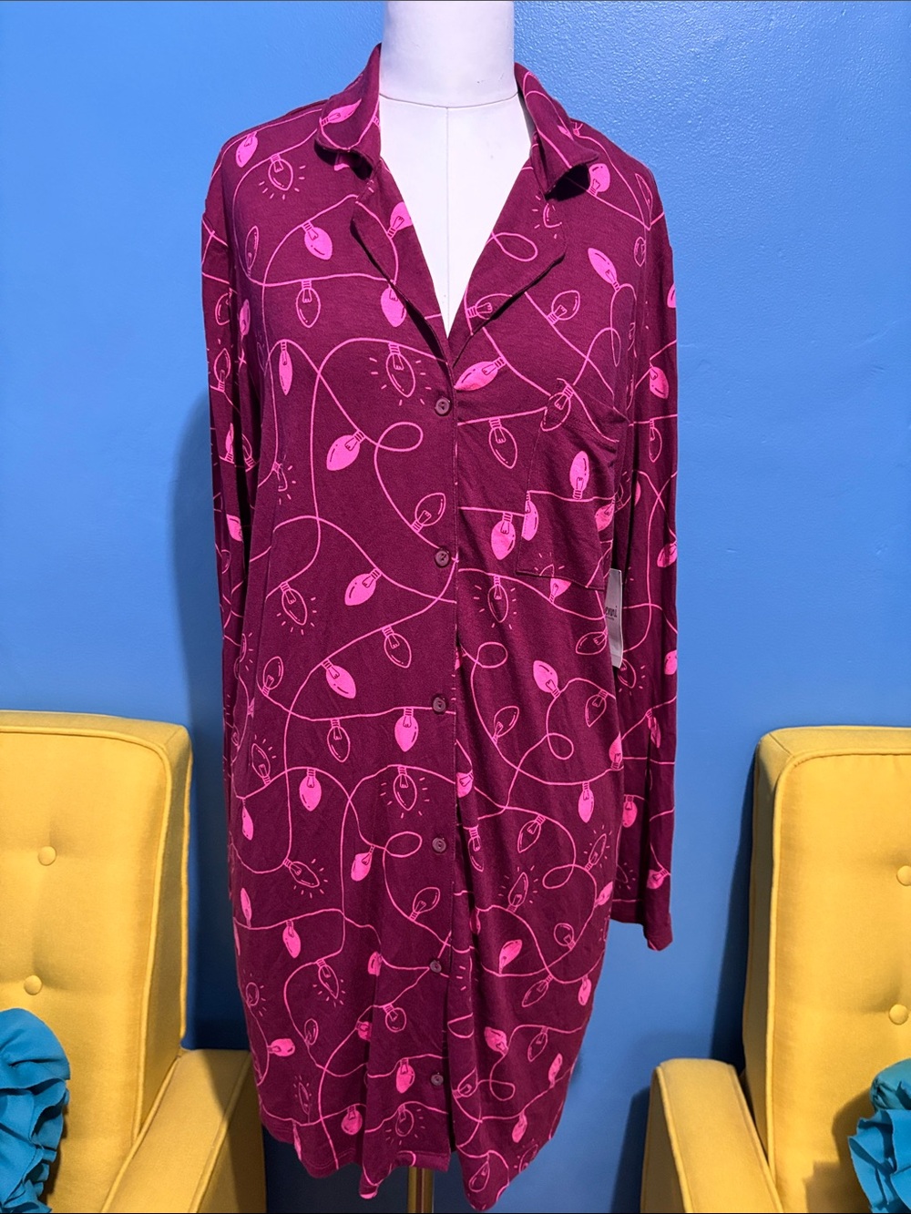 Jenni Burgundy and Hot Pink Button-Front Sleep Shirt